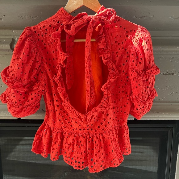 EUC River Island Red Eyelet Embroidered Open Back Blouse with Ruffles - Picture 4 of 7